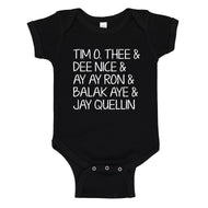 Baby Onesie Tim O. Thee & Dee Nice & Ay Ay Ron & Balak Aye & Jay Quellin 100% Cotton Infant Bodysuit