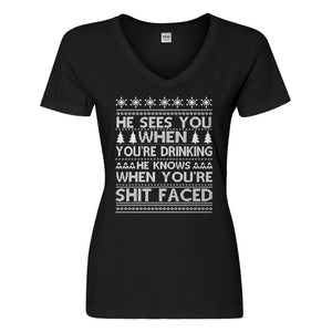 Womens He Sees Your When You're Sleeping Vneck T-shirt