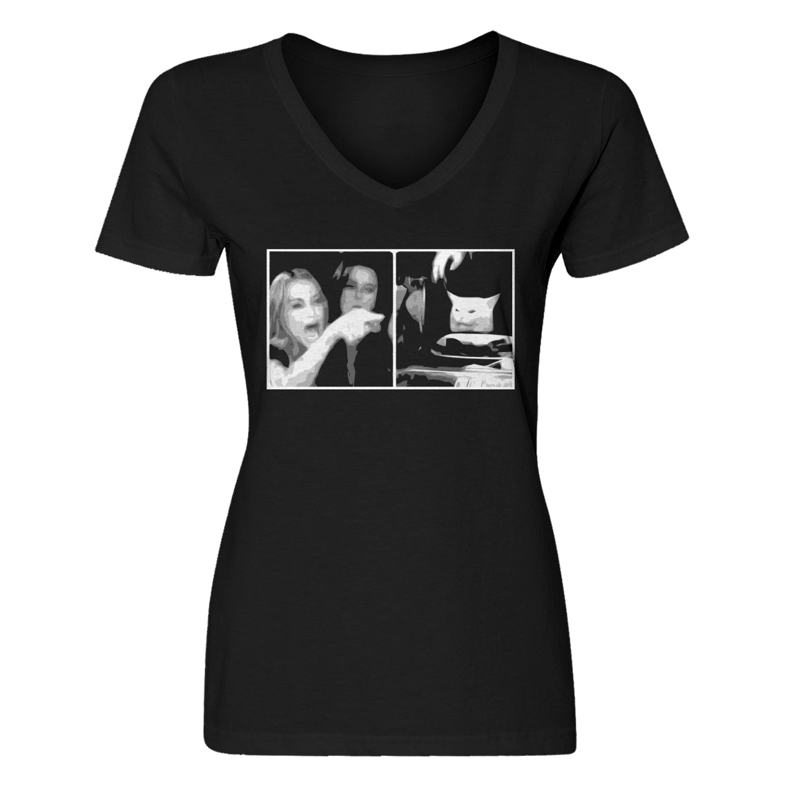 Womens Woman Yelling at Cat Meme V Neck T shirt Indica Plateau