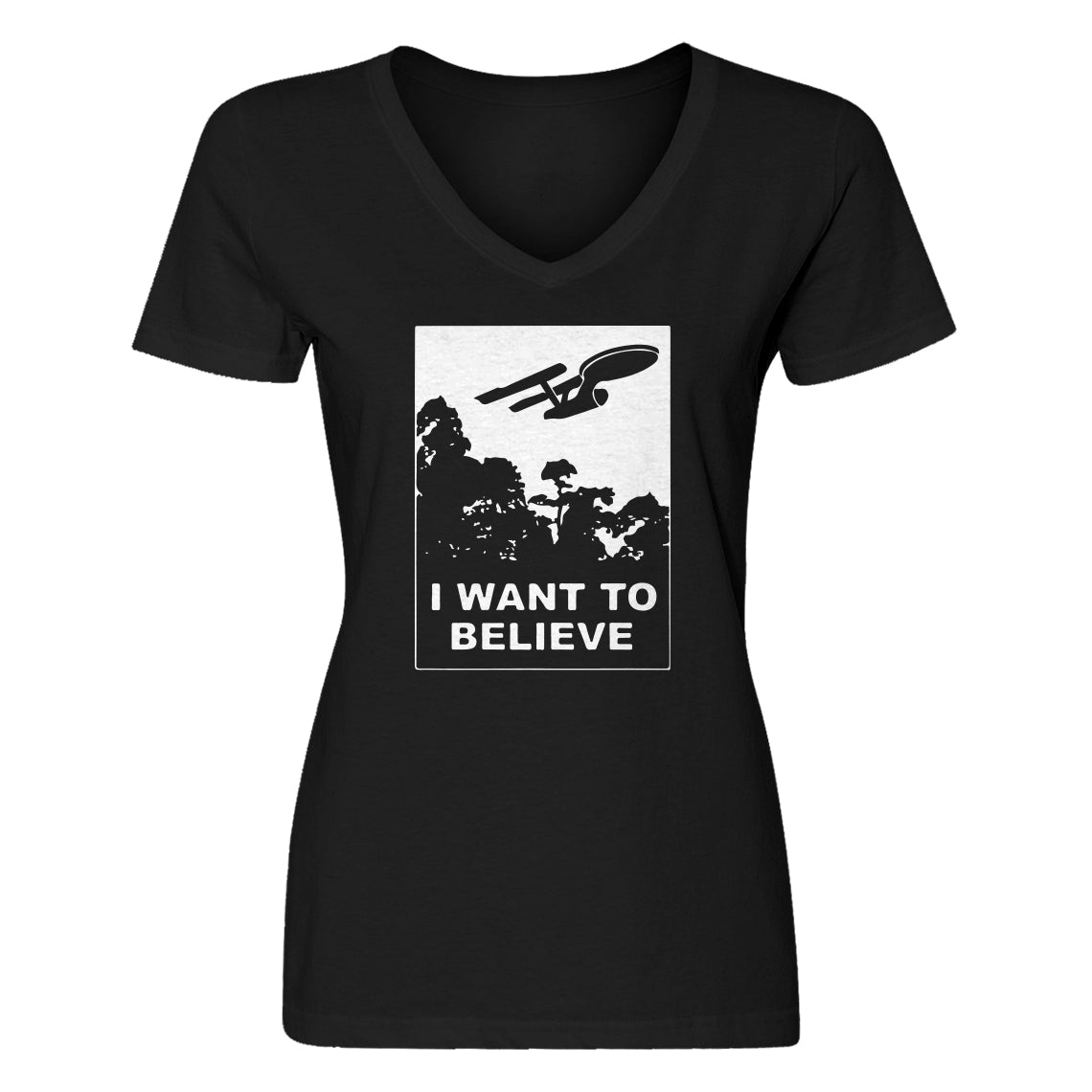 Womens I Want to Believe Space Ship V-Neck T-shirt